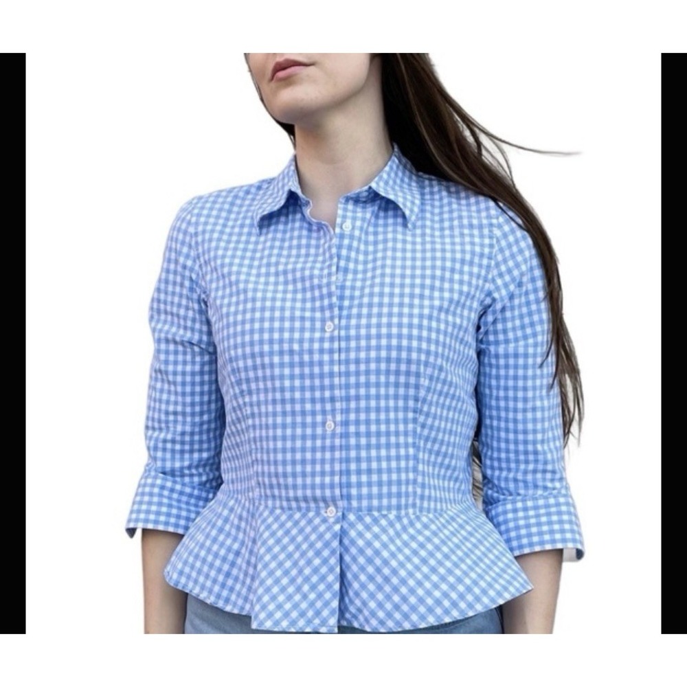 LRL Ralph Lauren Peplum Shirt 14 Blue Gingham Plaid 3/4Sleeve Button 100% Cotton